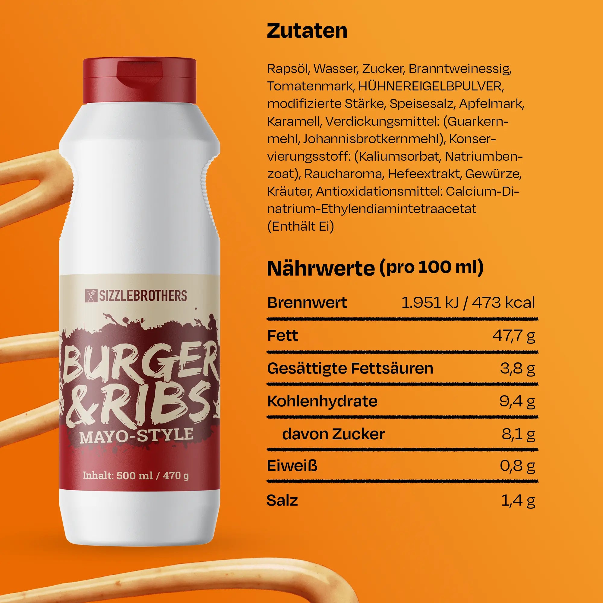 Flasche Burger & Ribs BBQ-Sauce vor Hamburger, Text: '100% Geschmack'.