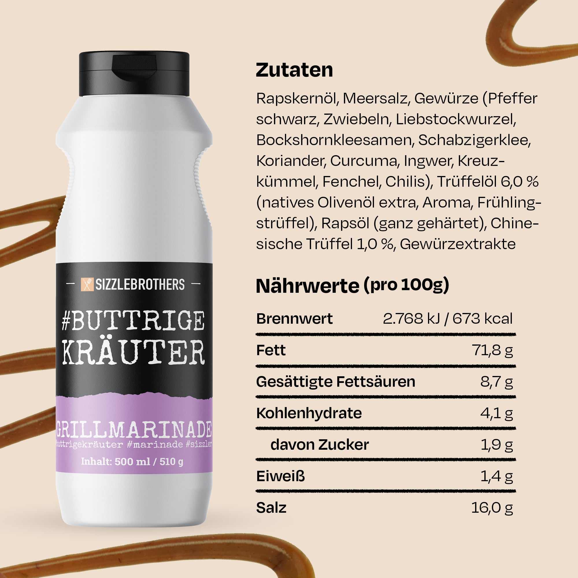 Behälter mit Grillmarinade, Zutaten und Nährwerte in Deutsch beschrieben.