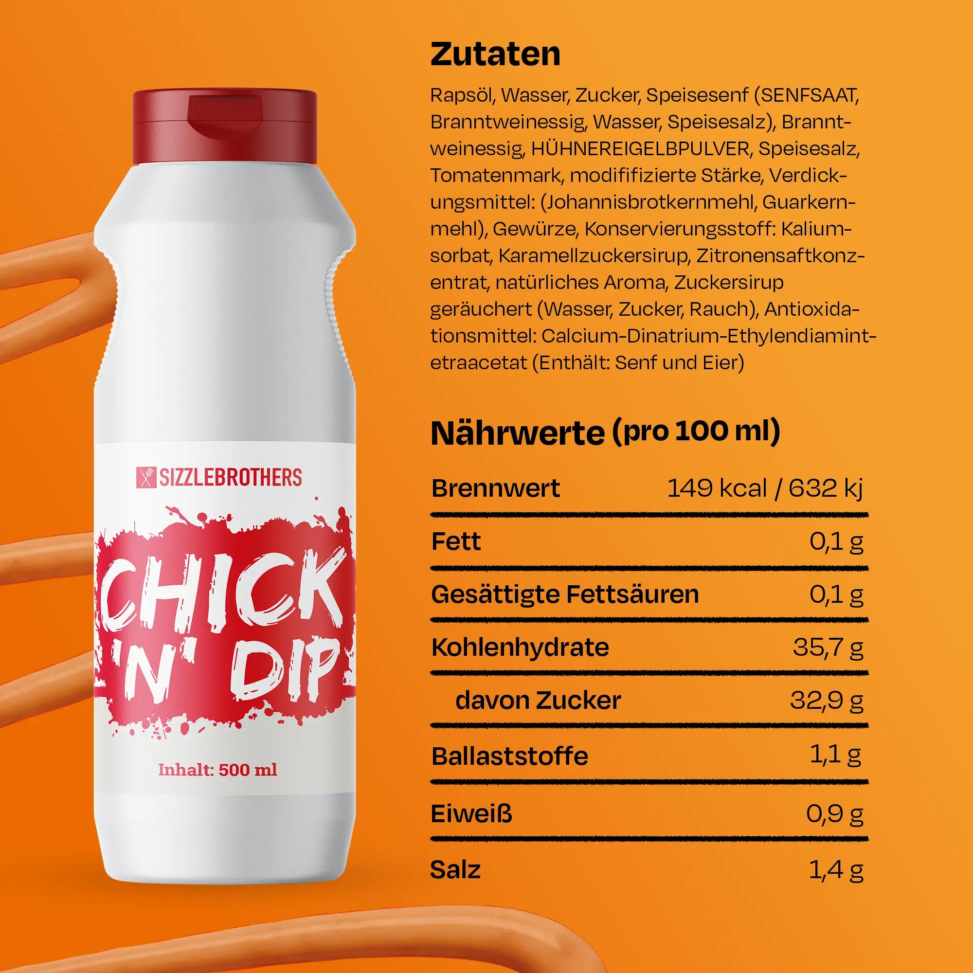 Weiße Saucenflasche vor orangenem Hintergrund, Zutatenliste und Nährwerte daneben.