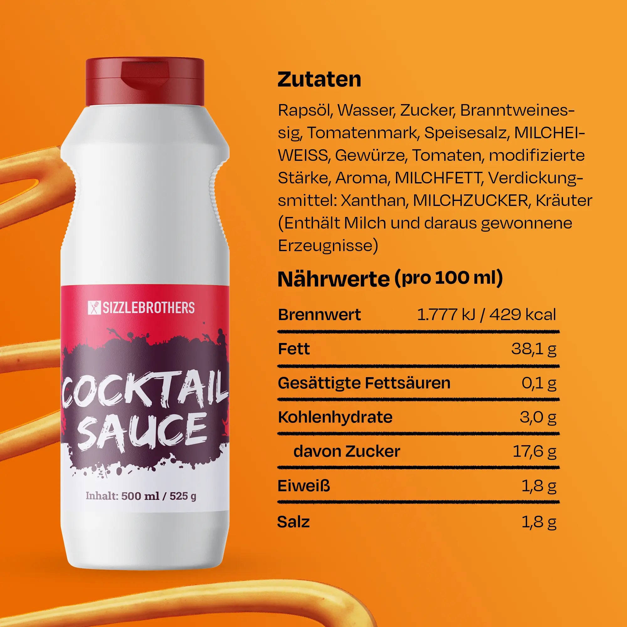 Cocktail Sauce Flasche mit Zutatenliste und Nährwertangaben vor orangefarbenem Hintergrund.