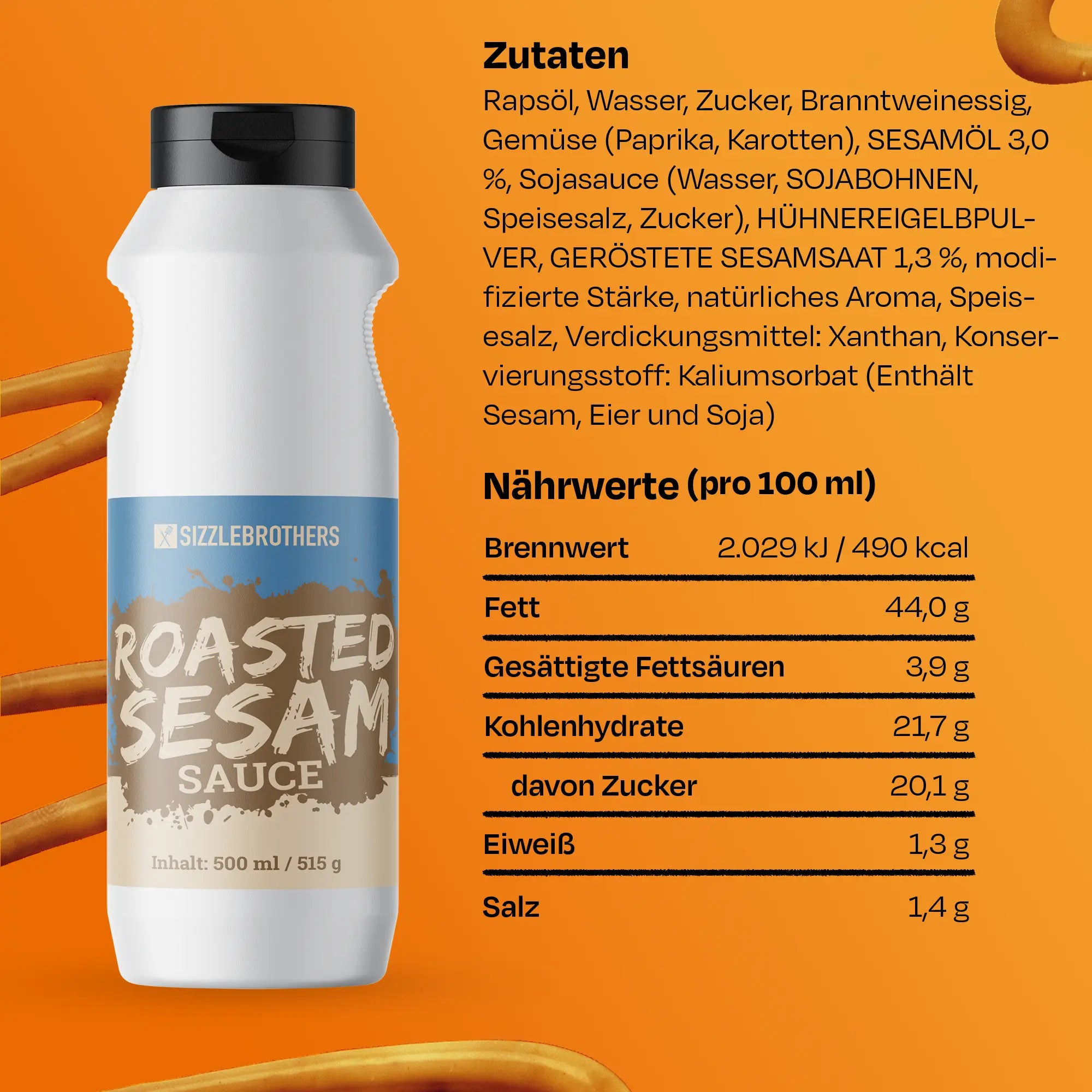 Zutatenliste und Nährwerte der Roasted Sesam Sauce auf orangefarbenem Hintergrund.