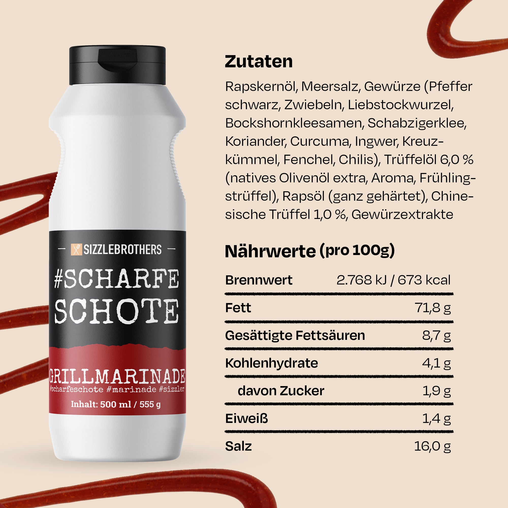 Flasche #ScharfeSchote mit Zutatenliste und Nährwertangaben auf beigem Hintergrund.