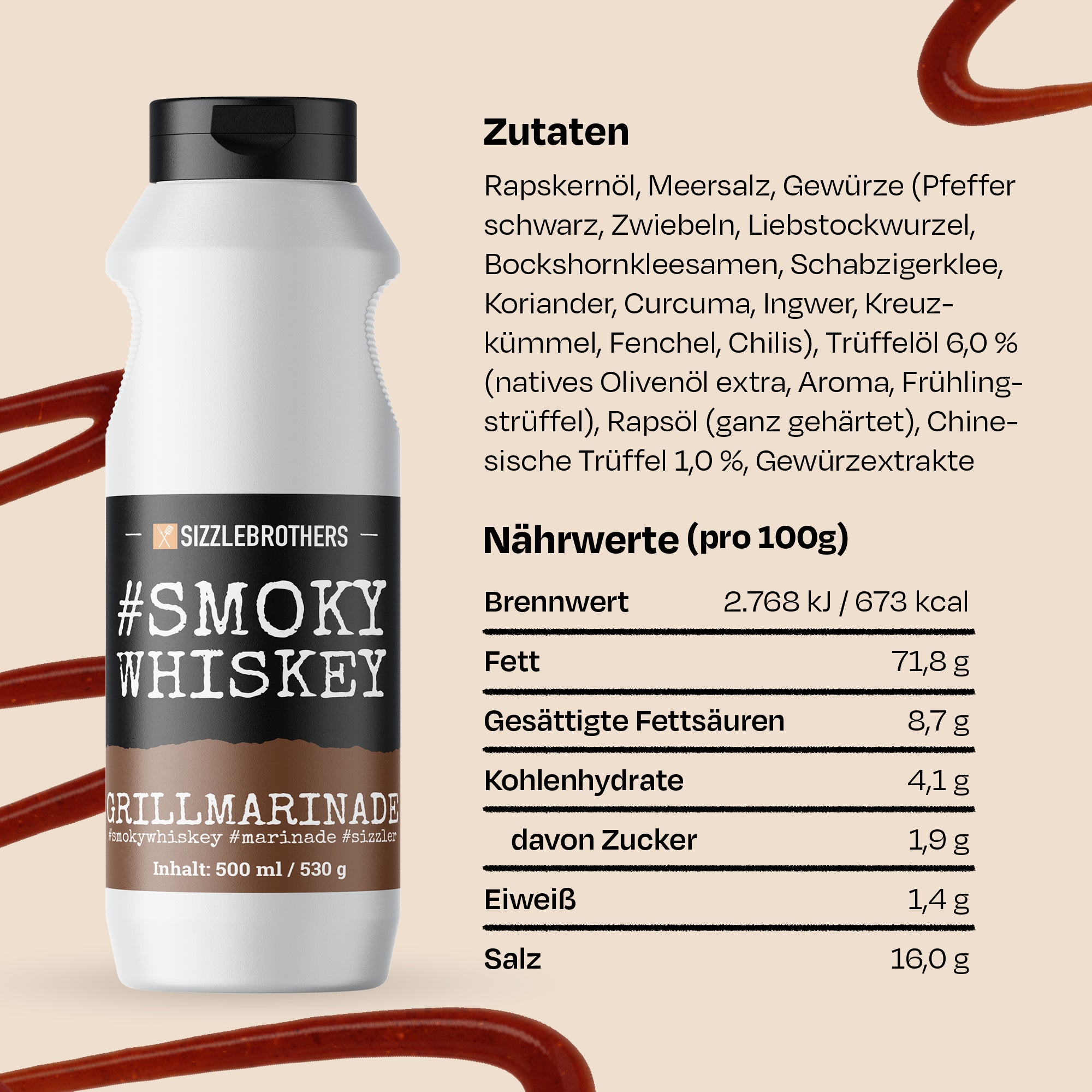 Grillmarinadenflasche vor Zutatenliste und Nährwertangaben auf beigem Hintergrund.