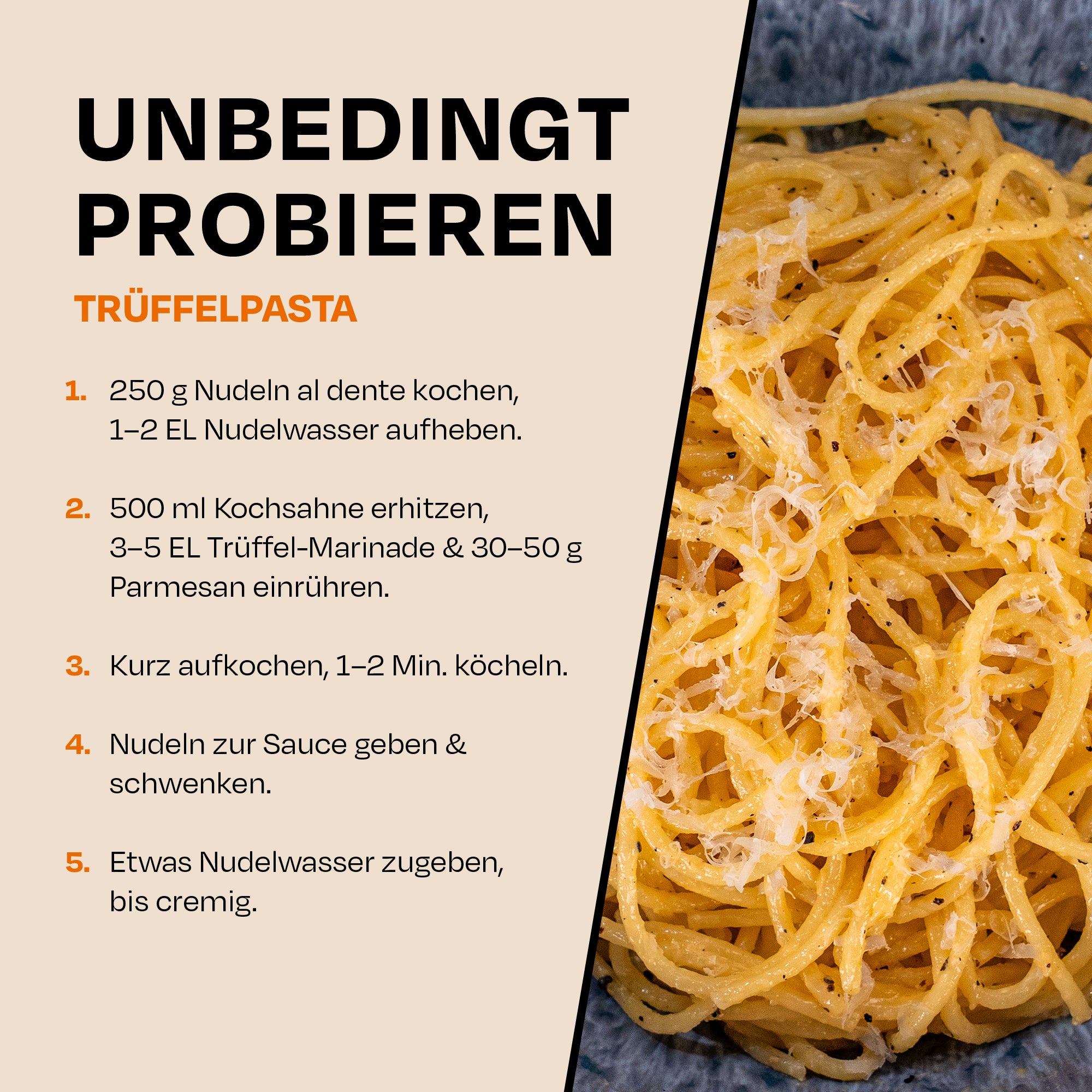 Trüffelpasta mit Zubereitungsschritten, Text auf beigem Hintergrund.