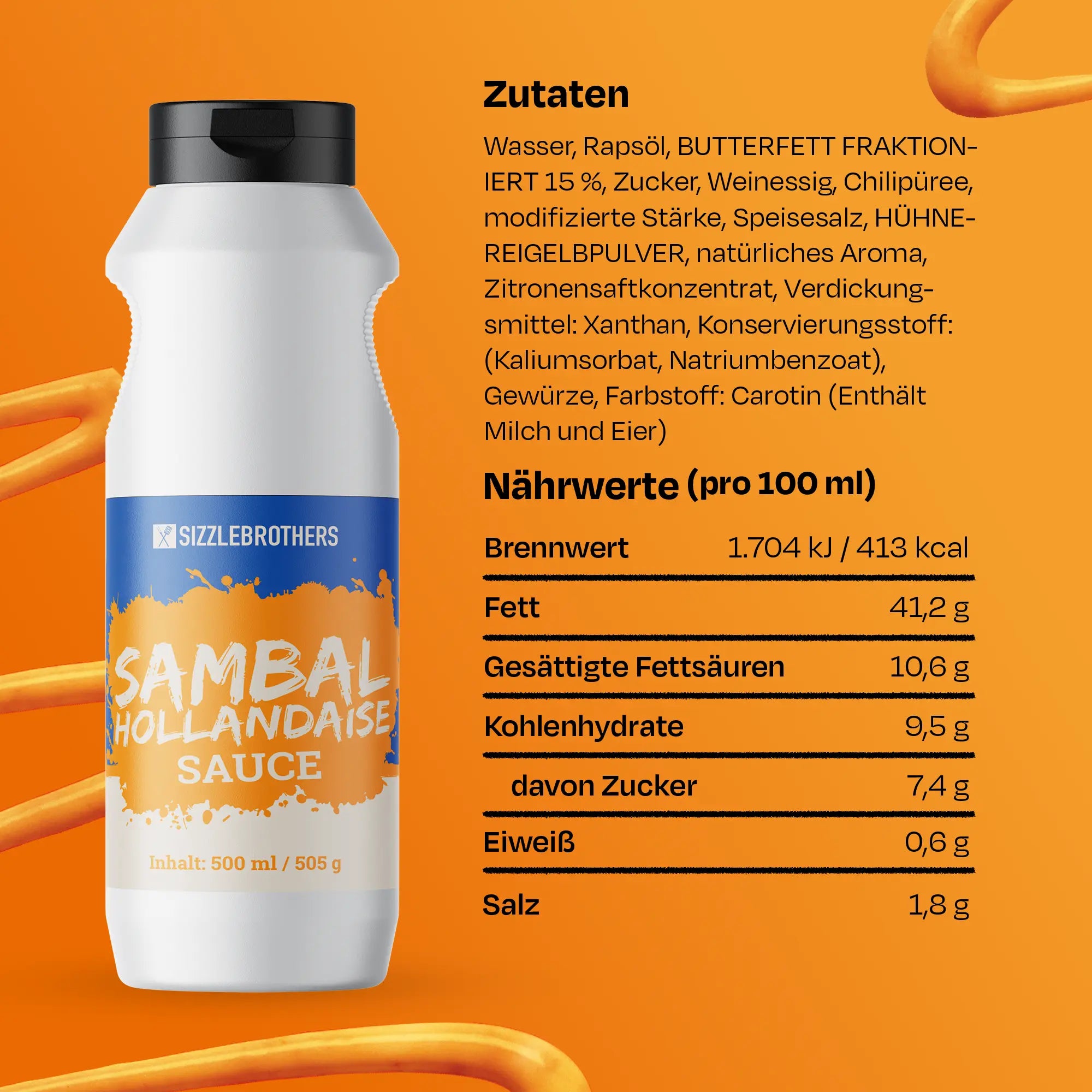 Flasche Sambal Hollandaise Sauce neben Zutaten- und Nährwertinformationen auf orangefarbenem Hintergrund.