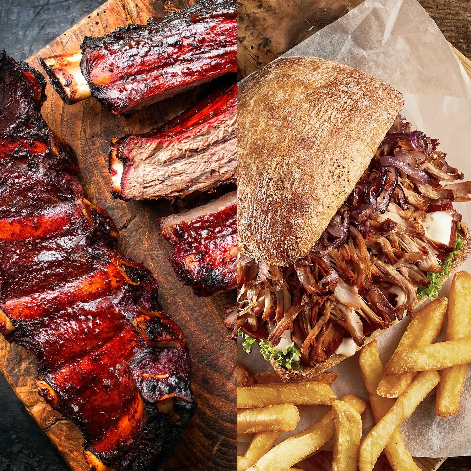 Barbecued Rippchen und Sandwich mit Pulled Pork, dazu Pommes.