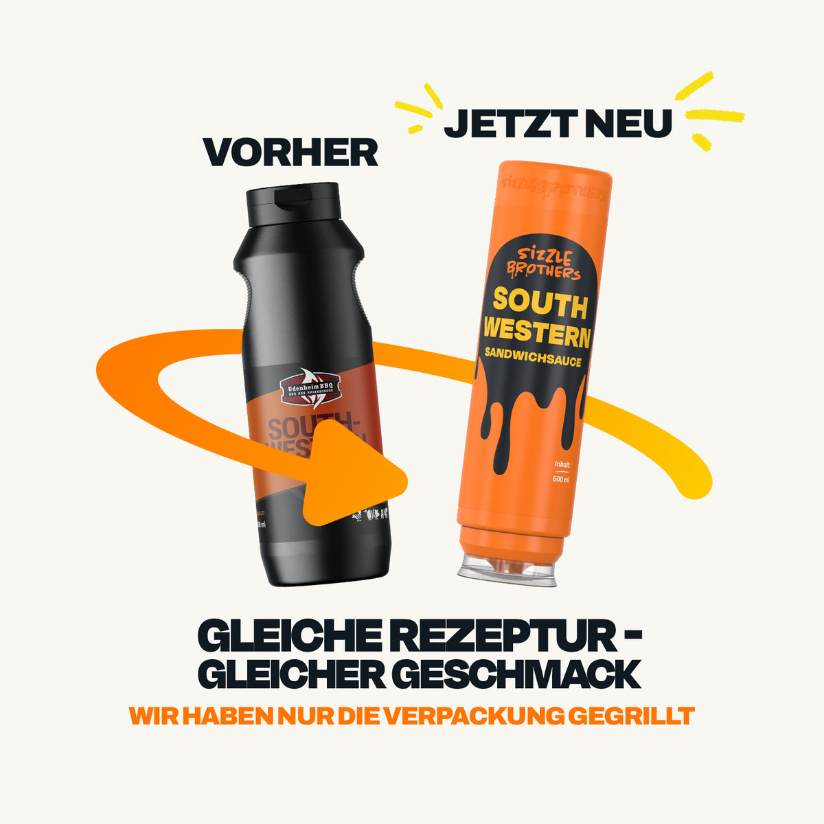 Neue Verpackung der SizzleBrothers South Western Sauce, alte weiße Flasche neben der neuen orangefarbenen 500 ml Flasche
