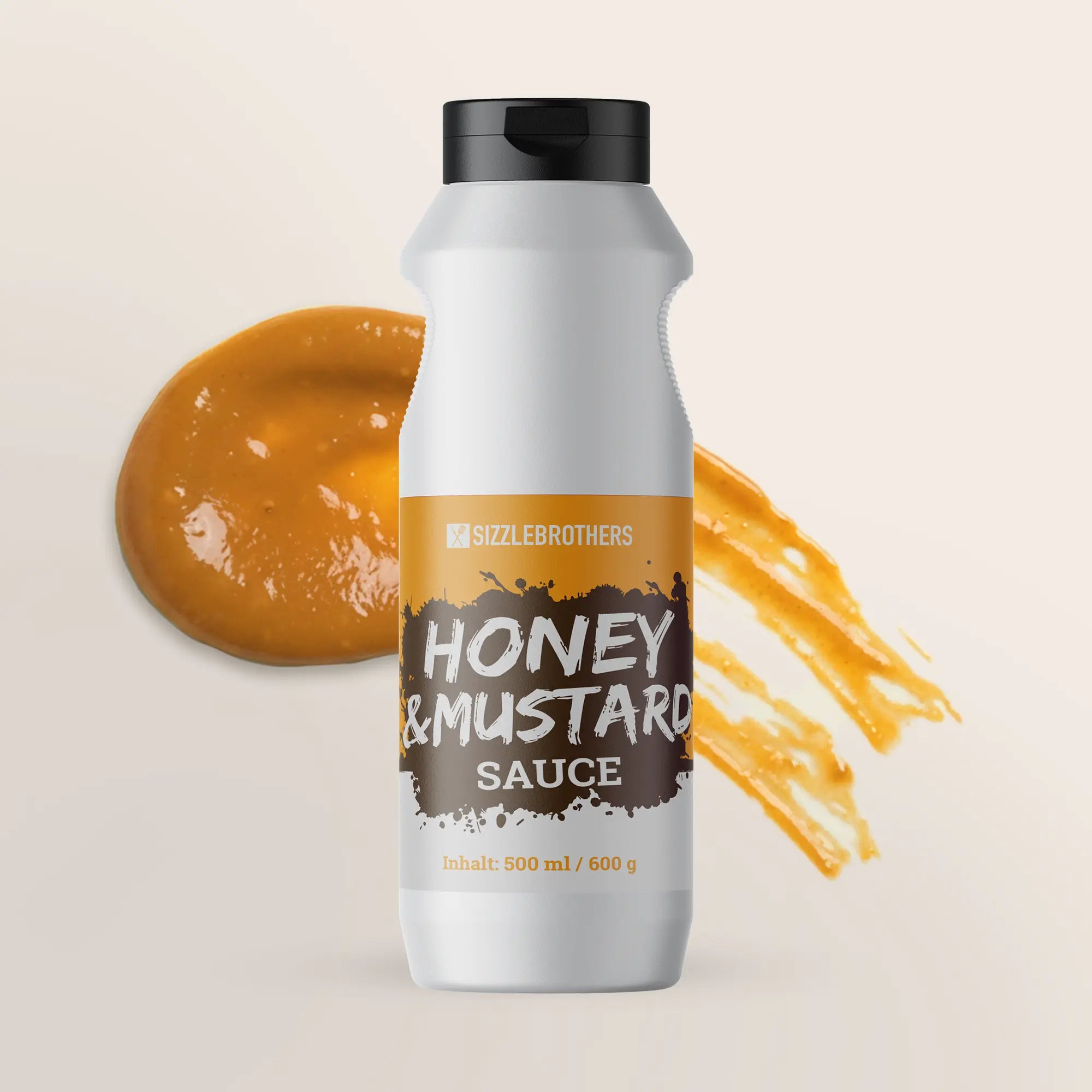 Honig & Senf Sauce Flasche vor Hintergrund mit gespritzter Sauce.