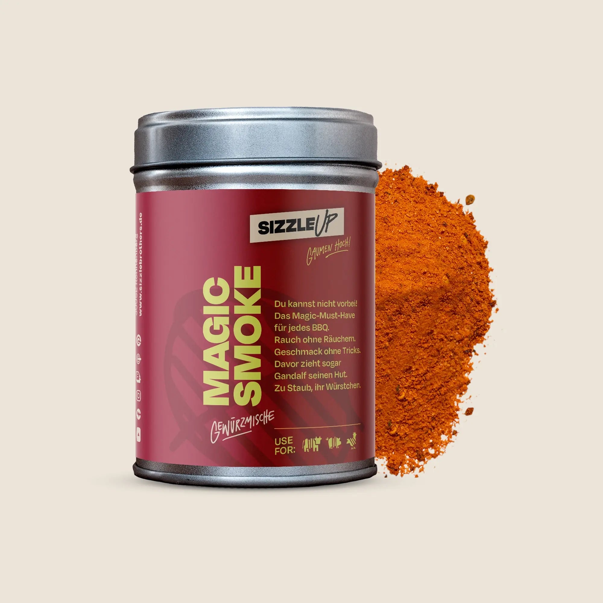 Dose Magic Smoke Gewürzmischung vor beigem Hintergrund mit rotem Gewürz daneben.