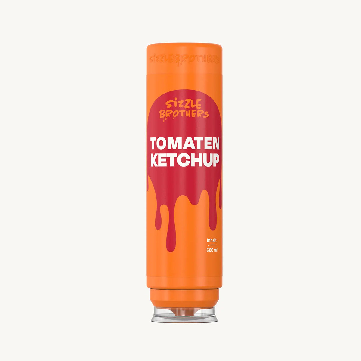 Orangene Ketchupflasche mit rotem Text: Sizzle Brothers Tomaten Ketchup, 500 ml.